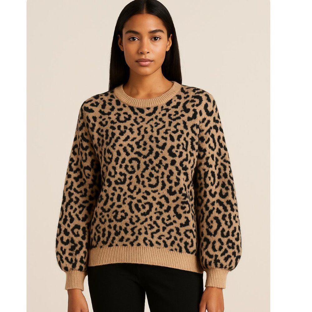 Love Token Leopard Print Fuzzy Crewneck Sweater Beige Black Size Small NWT